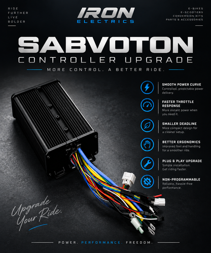 Iron Electrics Sabvoton Controller Upgrade product photo on a dark textured background, showing the black rectangular controller with attached multicolored wiring harness and marketing text on the cover.